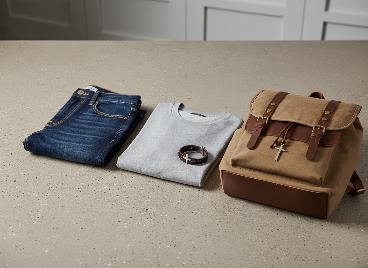 A stylish product display of men’s casual fashion centered on a folded pair of slim-fit dark denim jeans with visible stitching, placed beside a soft heather-gray crewneck t-shirt and a tan canvas backpack with leather straps. A braided leather bracelet with a small, subtle cross charm rests on top of the backpack, hinting at Christian style. The items sit on a neutral concrete surface with a faint texture. Overhead studio lighting produces clear, balanced illumination with soft shadows, emphasizing materials without glare. Photographic realism, shot from a three-quarter top angle with asymmetrical framing, background gently out of focus to keep attention on the products, radiating a relaxed yet refined, modern Christian men’s style.