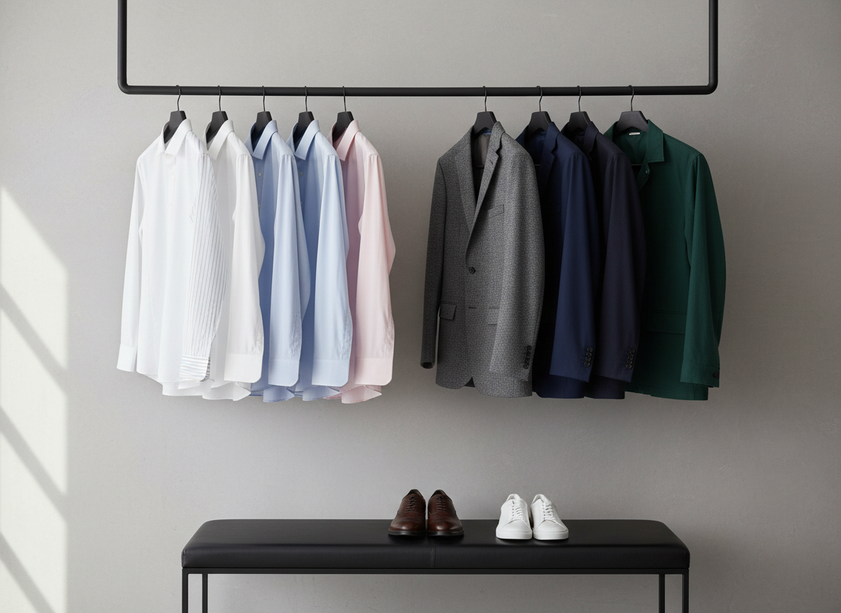 A sophisticated men’s wardrobe corner featuring a row of color-coordinated shirts and jackets hanging on matte black hangers against a smooth light-gray wall. Fabrics range from crisp white cotton shirts to charcoal blazers and a deep green casual jacket, all with clearly visible textures and tailored lines. Below, a minimalist black bench holds neatly placed leather dress shoes and clean white sneakers. Gentle diffused daylight from an unseen window washes the scene, creating soft, natural shadows without harsh contrasts. Photographic realism, eye-level composition with sharp focus throughout, clean and modern aesthetic, conveying order, elegance, and the professionalism of an online men’s fashion and accessories boutique.