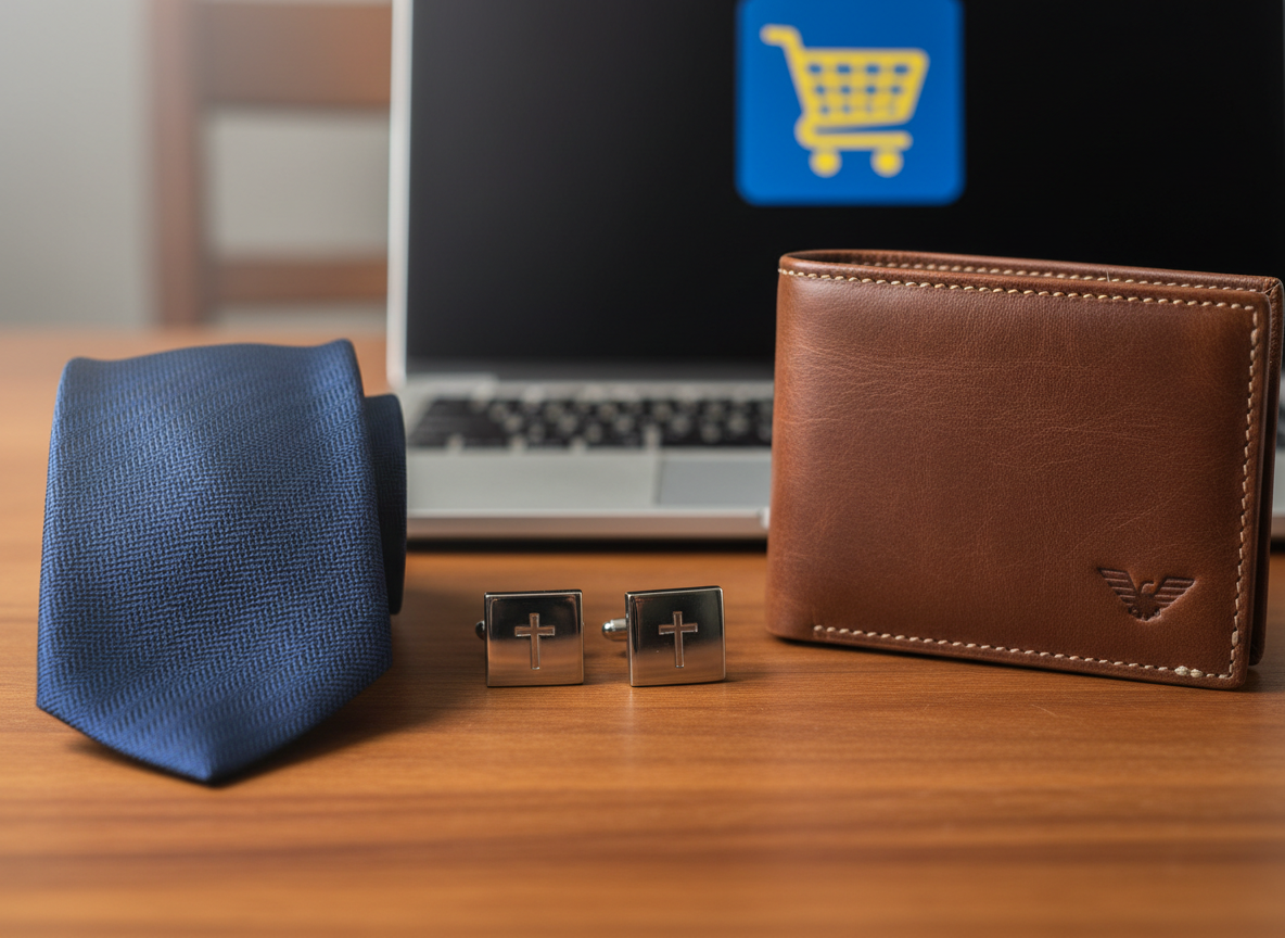 A close-up of a classic men’s accessory set arranged on a warm wooden surface: a textured navy tie with a subtle herringbone pattern, polished silver cufflinks with a small cross engraving, and a brown leather wallet with precise stitching and a discreet embossed logo. Behind them, an open laptop is softly blurred, showing a shopping cart icon and Mercado Livre colors on the screen. Soft, directional side lighting creates a professional glow and highlights the textures of fabric, metal, and leather. Photographic realism, shot from a slightly elevated angle following the rule of thirds, evoking trust, sophistication, and a refined Christian-inspired men’s fashion brand.